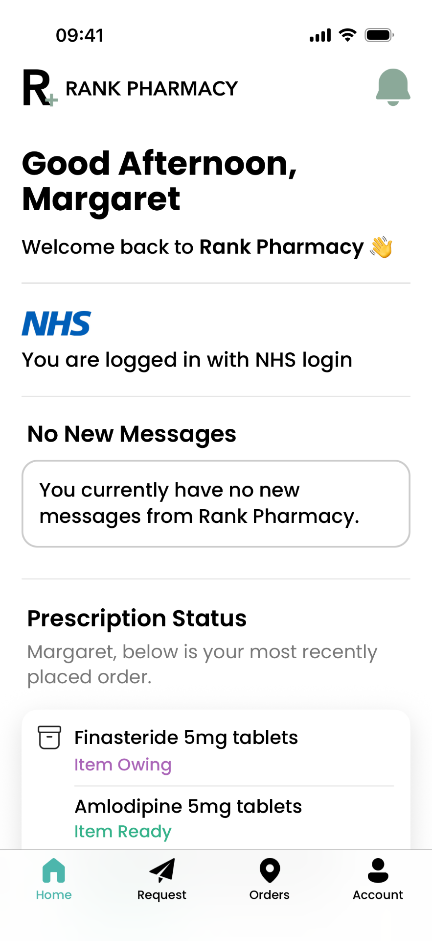 Rank Pharmacy mobile app showing prescription tracking and NHS login